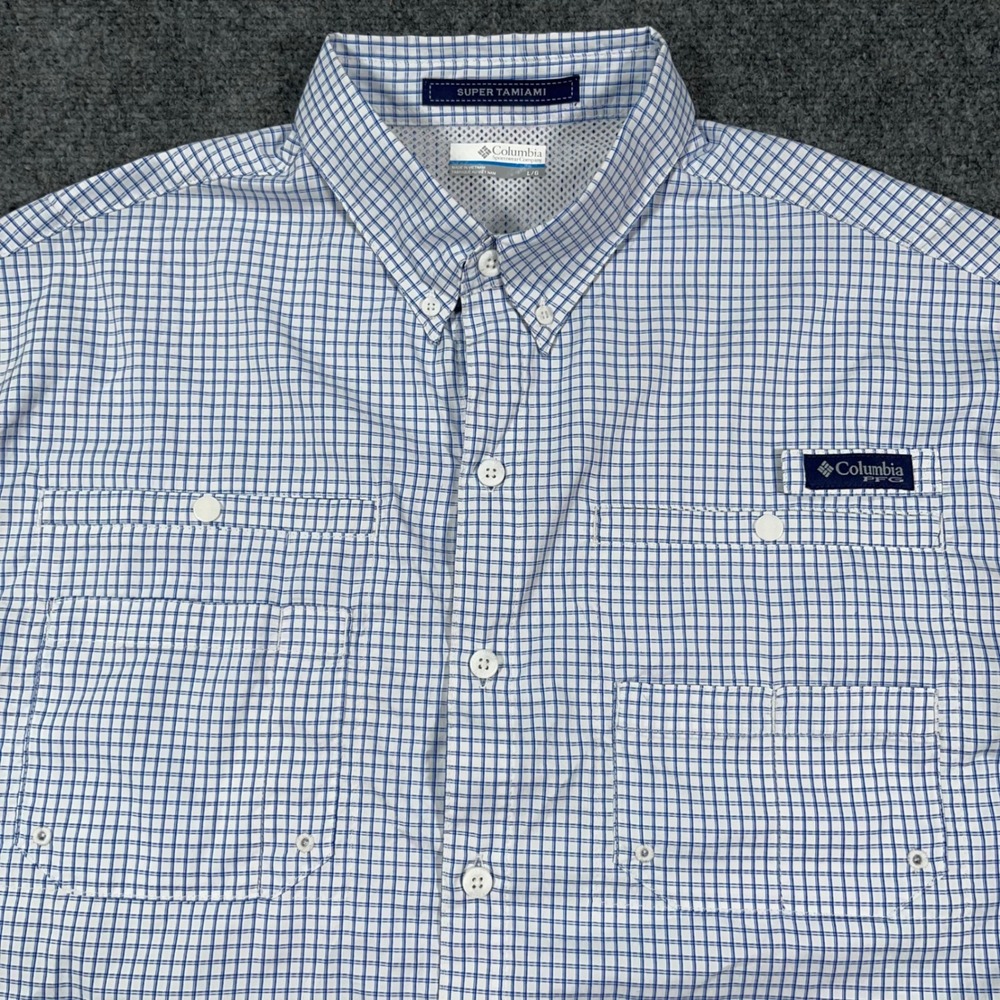 Columbia Super Tamiami Fishing Shirt Mens Large PFG Omni-Shade Plaid Blue Vented